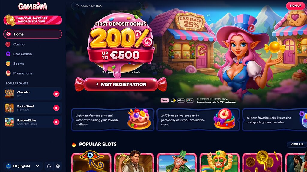homepage van gambiva een goksite zonder cruks controle